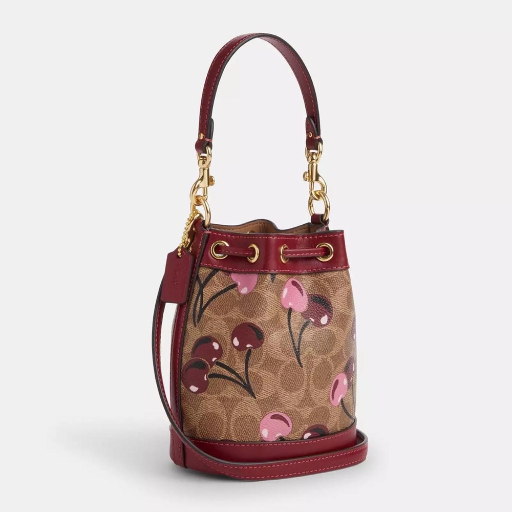 Coach Mini Bucket Bag In Signature Canvas With Cherry Print - Picture 1 of 10
